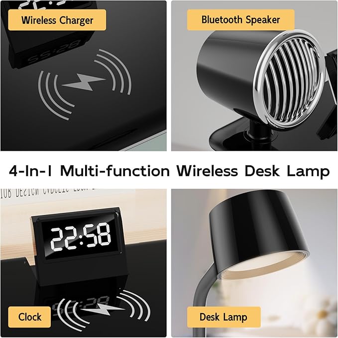 4 σε 1 Επιτραπέζια Λάμπα LED με Ηχείο Bluetooth, Ασύρματο Φορτιστή 15W & Ρολόι 4 σε 1 Επιτραπέζια Λάμπα LED με Ηχείο Bluetooth, Ασύρματο Φορτιστή 15W & Ρολόι