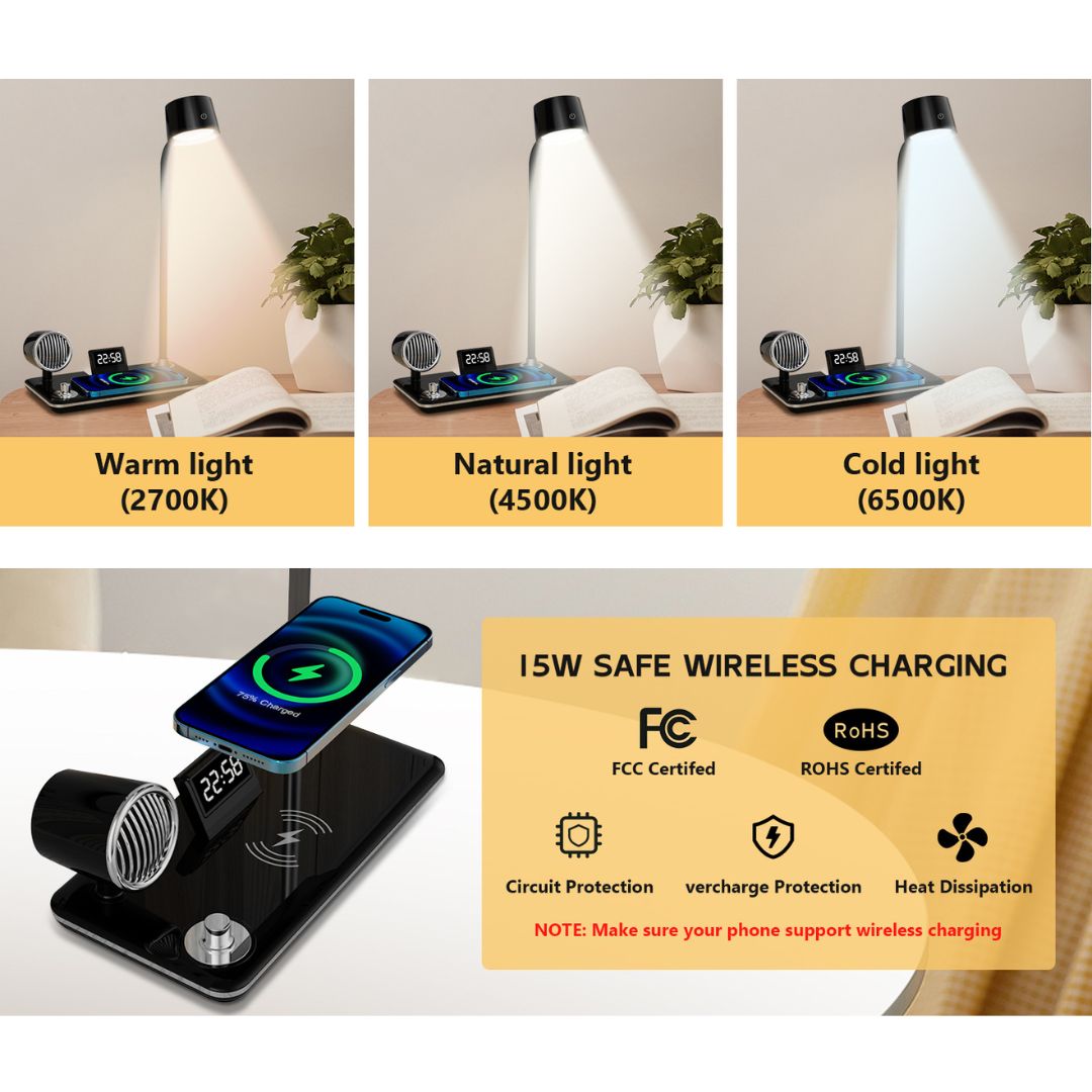4 σε 1 Επιτραπέζια Λάμπα LED με Ηχείο Bluetooth, Ασύρματο Φορτιστή 15W & Ρολόι 4 σε 1 Επιτραπέζια Λάμπα LED με Ηχείο Bluetooth, Ασύρματο Φορτιστή 15W & Ρολόι