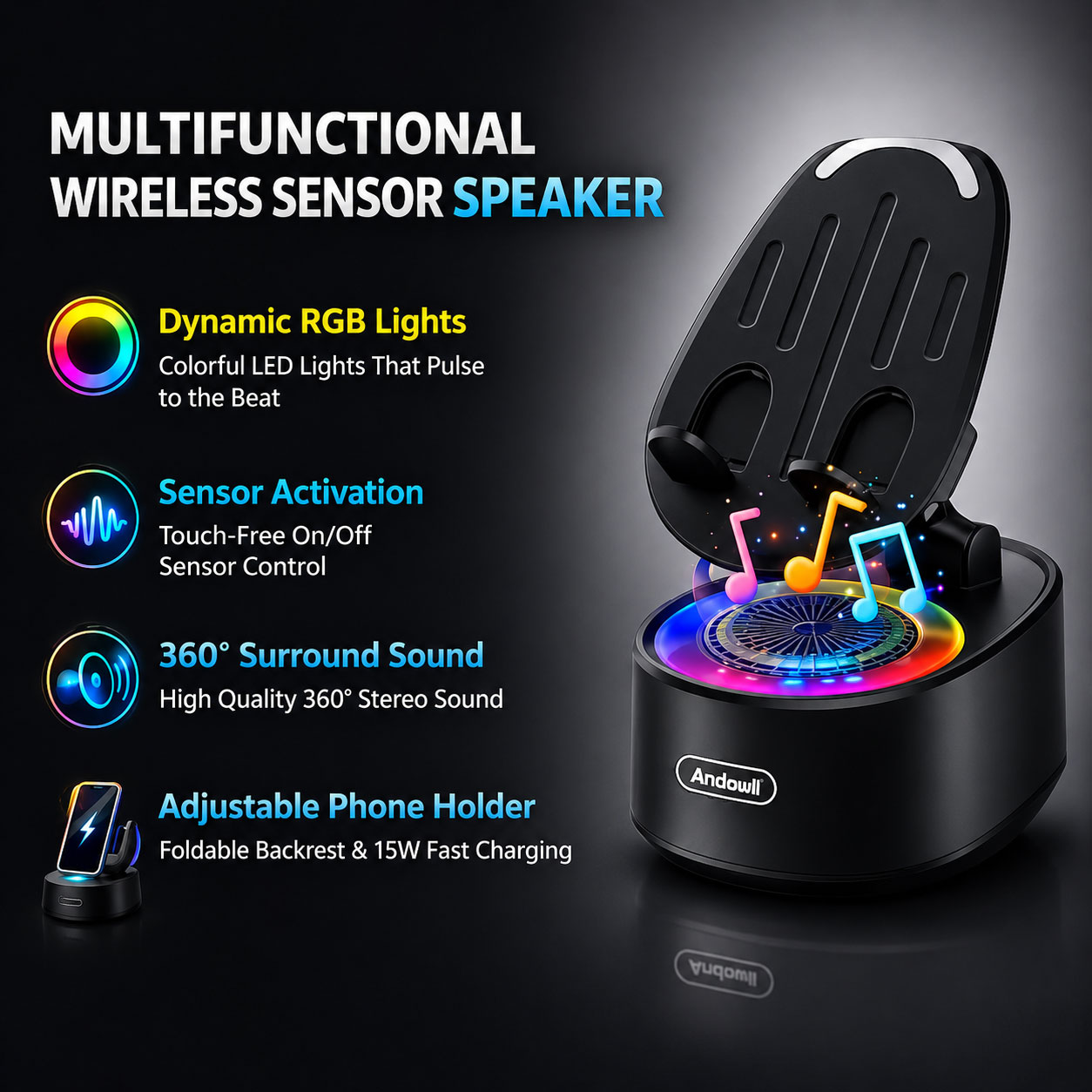 Andowl Ηχείο Bluetooth Μαύρο με Βάση Κινητού Andowl Ηχείο Bluetooth Μαύρο με Βάση Κινητού
