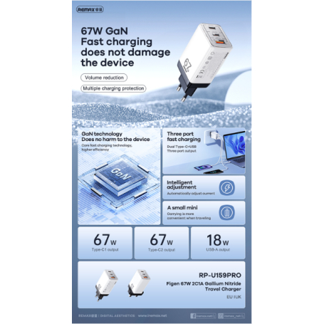 Αντάπτορας Γρήγορης Φόρτισης 67W με 2 Θύρες Type-C και 1 Θύρα USB - Remax Αντάπτορας Γρήγορης Φόρτισης 67W με 2 Θύρες Type-C και 1 Θύρα USB - Remax