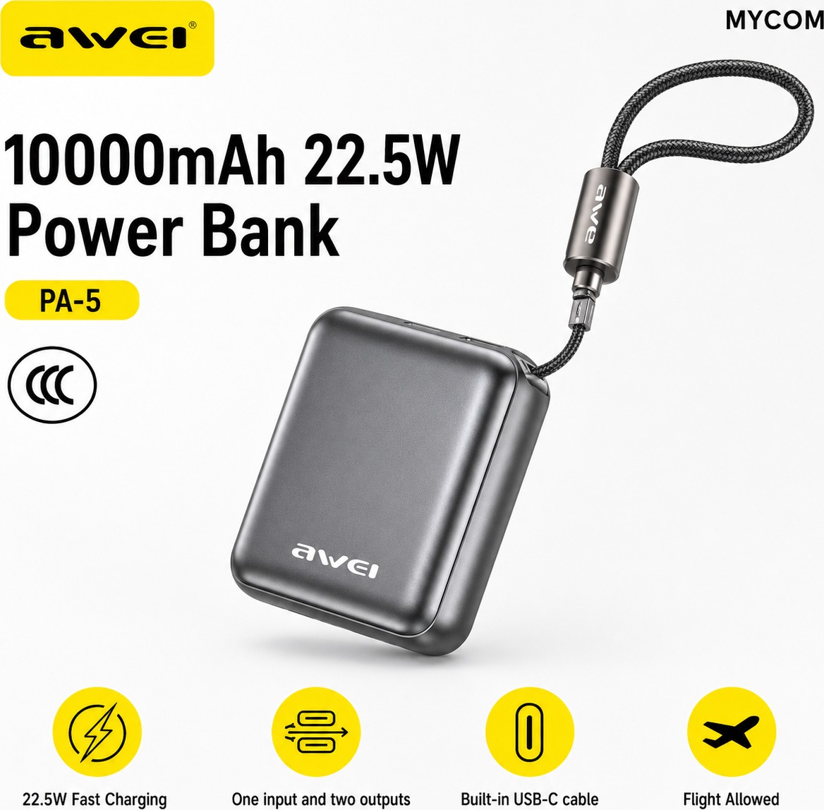 Awei Power Bank 10000mAh – Γρήγορη Φόρτιση 22.5W με Ενσωματωμένο Καλώδιο Awei Power Bank 10000mAh – Γρήγορη Φόρτιση 22.5W με Ενσωματωμένο Καλώδιο