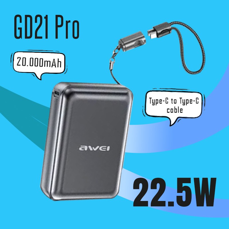 Awei Pro Power Bank 20000mAh – Γρήγορη Φόρτιση 22.5W με Ενσωματωμένο USB-C Καλώδιο Awei Pro Power Bank 20000mAh – Γρήγορη Φόρτιση 22.5W με Ενσωματωμένο USB-C Καλώδιο