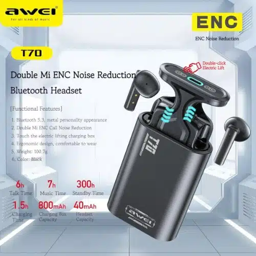 Awei T70 Ασύρματα Ακουστικά Bluetooth 5.3 με Αντοχή στον Ιδρώτα και Θήκη Φόρτισης Μαύρα Awei T70 Ασύρματα Ακουστικά Bluetooth 5.3 με Αντοχή στον Ιδρώτα και Θήκη Φόρτισης Μαύρα