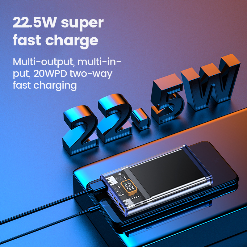 Διάφανο Εργονομικό Powerbank Fast Charging Μπαταρίας 20000mAh με 2 Θύρες USB και 1 Θύρα Type C 22.5 W Διάφανο Εργονομικό Powerbank Fast Charging Μπαταρίας 20000mAh με 2 Θύρες USB και 1 Θύρα Type C 22.5 W
