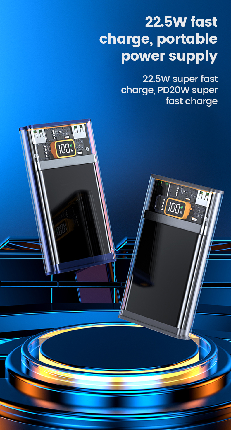 Διάφανο Εργονομικό Powerbank Fast Charging Μπαταρίας 20000mAh με 2 Θύρες USB και 1 Θύρα Type C 22.5 W Διάφανο Εργονομικό Powerbank Fast Charging Μπαταρίας 20000mAh με 2 Θύρες USB και 1 Θύρα Type C 22.5 W
