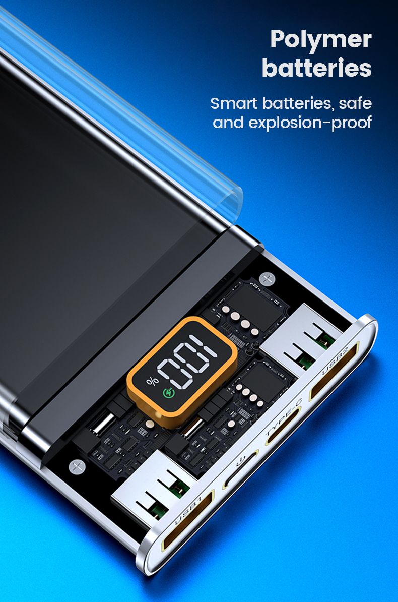 Διάφανο Εργονομικό Powerbank Fast Charging Μπαταρίας 20000mAh με 2 Θύρες USB και 1 Θύρα Type C 22.5 W Διάφανο Εργονομικό Powerbank Fast Charging Μπαταρίας 20000mAh με 2 Θύρες USB και 1 Θύρα Type C 22.5 W
