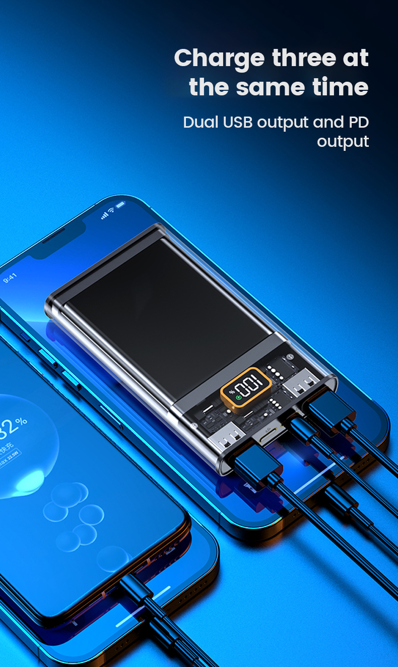 Διάφανο Εργονομικό Powerbank Fast Charging Μπαταρίας 20000mAh με 2 Θύρες USB και 1 Θύρα Type C 22.5 W Διάφανο Εργονομικό Powerbank Fast Charging Μπαταρίας 20000mAh με 2 Θύρες USB και 1 Θύρα Type C 22.5 W