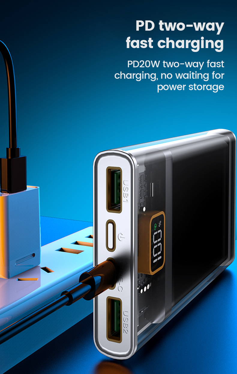 Διάφανο Εργονομικό Powerbank Fast Charging Μπαταρίας 20000mAh με 2 Θύρες USB και 1 Θύρα Type C 22.5 W Διάφανο Εργονομικό Powerbank Fast Charging Μπαταρίας 20000mAh με 2 Θύρες USB και 1 Θύρα Type C 22.5 W