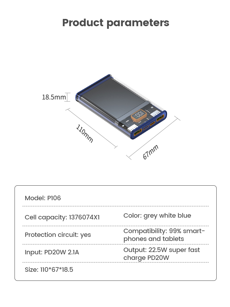 Διάφανο Εργονομικό Powerbank Fast Charging Μπαταρίας 20000mAh με 2 Θύρες USB και 1 Θύρα Type C 22.5 W Διάφανο Εργονομικό Powerbank Fast Charging Μπαταρίας 20000mAh με 2 Θύρες USB και 1 Θύρα Type C 22.5 W