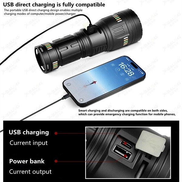 Επαναφορτιζόμενος Φακός LED Αδιάβροχος IP67 με Μέγιστη Φωτεινότητα 40000lm και Λειτουργία Strobe X-Balog Επαναφορτιζόμενος Φακός LED Αδιάβροχος IP67 με Μέγιστη Φωτεινότητα 40000lm και Λειτουργία Strobe X-Balog