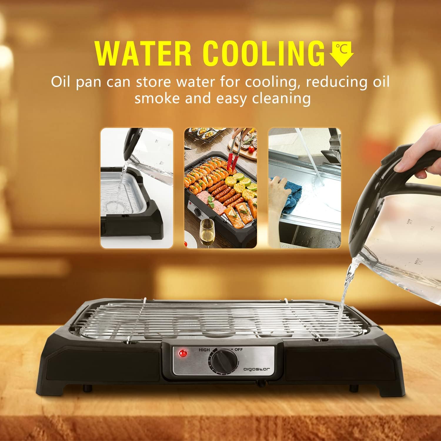 Επιτραπέζια Ηλεκτρική Ψησταριά BBQ 2000W - Με Δοχείο Νερού 1,5L για Ψήσιμο Χωρίς Καπνό - AIGOSTAR Επιτραπέζια Ηλεκτρική Ψησταριά BBQ 2000W - Με Δοχείο Νερού 1,5L για Ψήσιμο Χωρίς Καπνό - AIGOSTAR