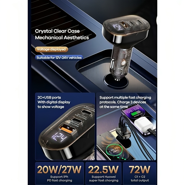 Fast Charge Φορτιστής Αυτοκινήτου USB-A & 2xTypeC - PD 72W - Αλουμίνιο - Remax Cybo Series Fast Charge Φορτιστής Αυτοκινήτου USB-A & 2xTypeC - PD 72W - Αλουμίνιο - Remax Cybo Series