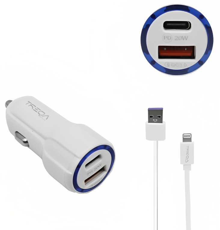 Φορτιστής Αυτοκινήτου Ταχείας Φόρτισης 12V – 24V με Θύρα USB-A 3.1Α και Θύρα USB-C PD 20W και Καλώδιο Lightning - Treqa - Λευκό Φορτιστής Αυτοκινήτου Ταχείας Φόρτισης 12V – 24V με Θύρα USB-A 3.1Α και Θύρα USB-C PD 20W και Καλώδιο Lightning - Treqa - Λευκό