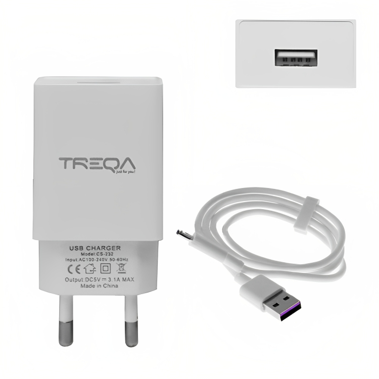 Φορτιστής Ταχείας Φόρτισης με 1 Θύρα USB 3.1A και Καλώδιο USB TypeC - Treqa Φορτιστής Ταχείας Φόρτισης με 1 Θύρα USB 3.1A και Καλώδιο USB TypeC - Treqa
