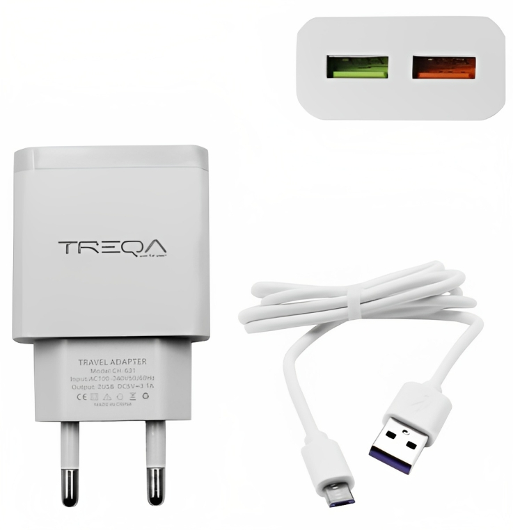 Φορτιστής Ταχείας Φόρτισης με 2 Θύρες USB 3.1A και Καλώδιο Micro USB - Treqa Φορτιστής Ταχείας Φόρτισης με 2 Θύρες USB 3.1A και Καλώδιο Micro USB - Treqa
