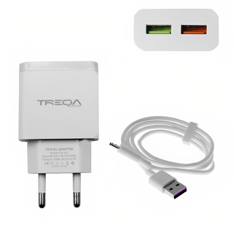 Φορτιστής Ταχείας Φόρτισης με 2 Θύρες USB 3.1A και Καλώδιο USB Type-C - Treqa Φορτιστής Ταχείας Φόρτισης με 2 Θύρες USB 3.1A και Καλώδιο USB Type-C - Treqa