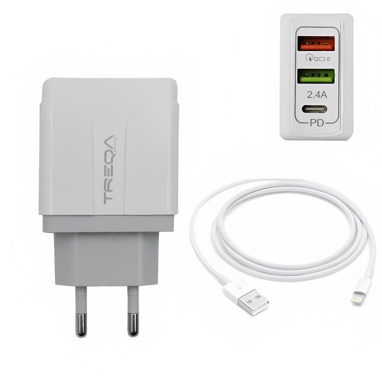 Φορτιστής Ταχείας Φόρτισης με 2 Θύρες USB 5.4A, 1 θύρα USB-C PD 38W και Καλώδιο Lightning - Treqa Φορτιστής Ταχείας Φόρτισης με 2 Θύρες USB 5.4A, 1 θύρα USB-C PD 38W και Καλώδιο Lightning - Treqa