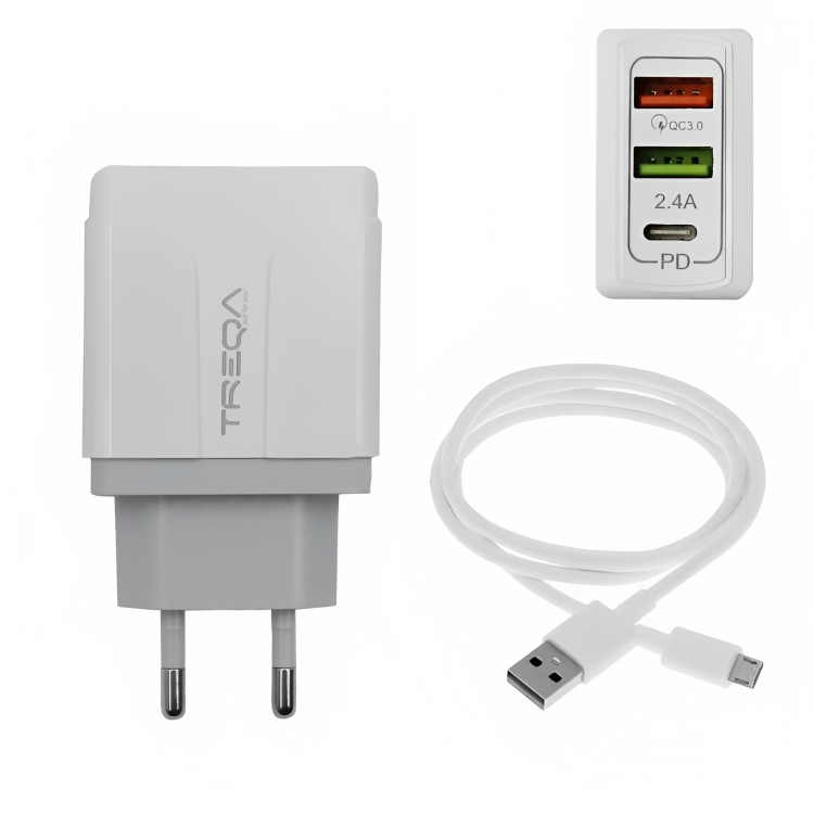 Φορτιστής Ταχείας Φόρτισης με 2 Θύρες USB 5.4A, 1 θύρα USB-C PD 38W και Καλώδιο Micro USB - Treqa Φορτιστής Ταχείας Φόρτισης με 2 Θύρες USB 5.4A, 1 θύρα USB-C PD 38W και Καλώδιο Micro USB - Treqa