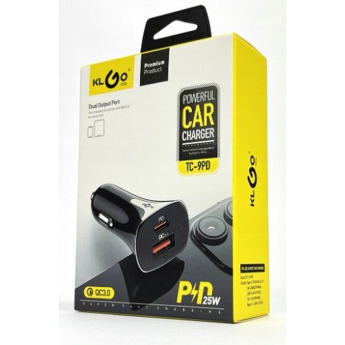 Γρήγορος Φορτιστής Αναπτήρα Αυτοκινήτου KLGO 12V για Smartphone 2X USB TYPE C TYPE A QC 3.0 25W Γρήγορος Φορτιστής Αναπτήρα Αυτοκινήτου KLGO 12V για Smartphone 2X USB TYPE C TYPE A QC 3.0 25W