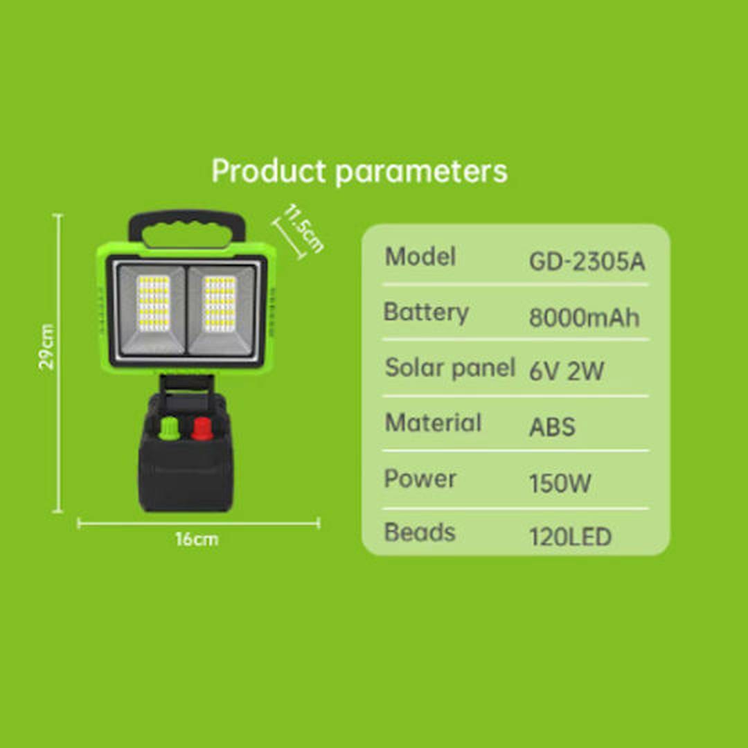 Ηλιακός Προβολέας LED 150W GDPLUS GD-2305A – Φορητός με Power Bank 8000mAh 120 LED Ηλιακός Προβολέας LED 150W GDPLUS GD-2305A – Φορητός με Power Bank 8000mAh 120 LED