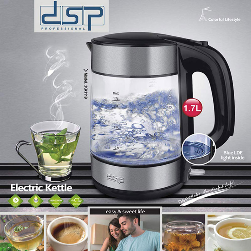 DSP® Ηλεκτρικός Διάφανος Ανοξείδωτος Βραστήρας με LED και Αντιολισθητική Περιστρεφόμενη Βάση - KK 1119 Electric Kettle 1.7lt