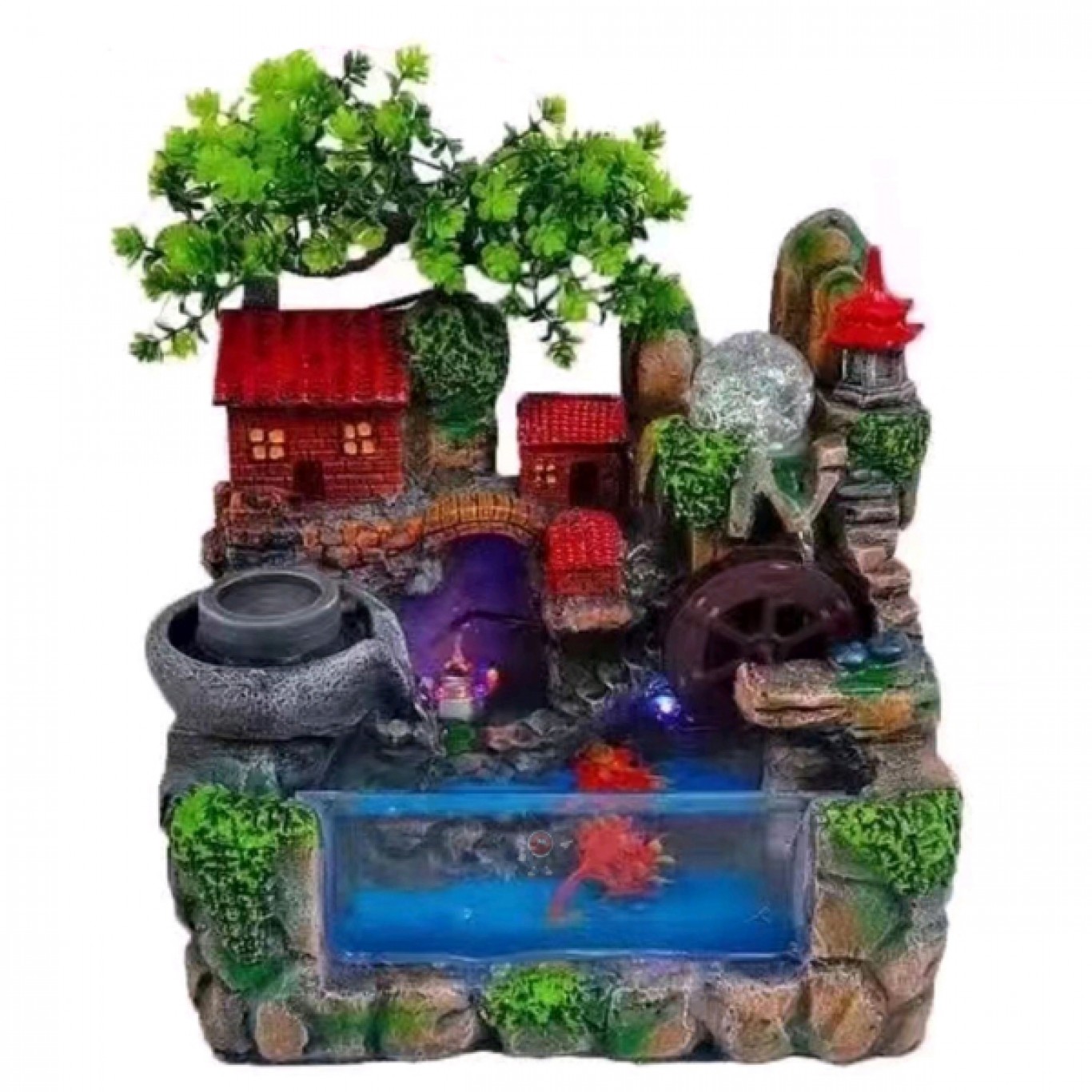 Διακοσμητικό Συντριβάνι Feng Shui με Σπιτάκι, Δέντρο, Τρεχούμενο Νερό & Πολύχρωμο Φωτισμό LED 30x20x30 εκ