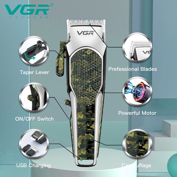 VGR® Επαγγελματική Επαναφορτιζόμενη Κουρευτική Μηχανή σε χρώμα Παραλλαγής Ρυθμιζόμενου Μήκους - Camuflage Hair Trimmer V-299