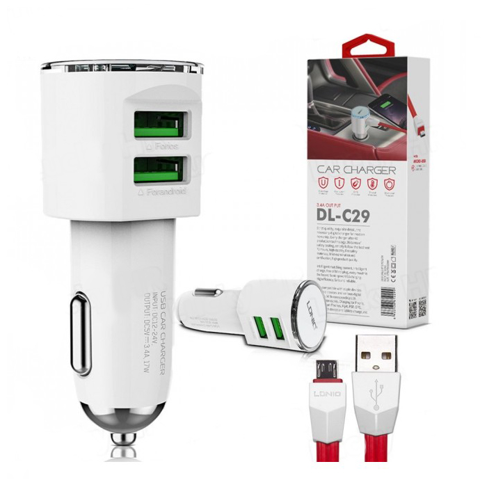 Φορτιστής Αυτοκινήτου 3.4Α με 2 Θύρες USB 12-24V + Flat Καλώδιο microUSB LDNIO 
