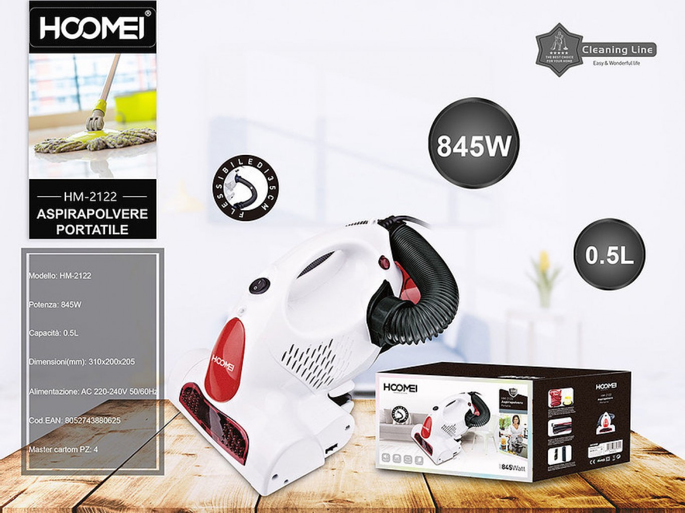 Hoomei® Ηλεκτρικό Σκουπάκι Χειρός 845W με Χωρητικότητα 0.5lt & Αυτόματο Μάζεμα Καλωδίου HM-2122