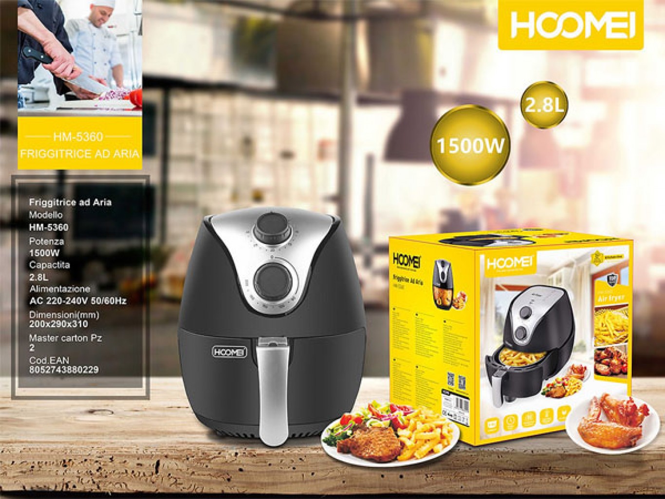Hoomei® Φριτέζα Αέρος 1500W με Αποσπώμενο Κάδο 2.8lt & Ρυθμιζόμενη Θερμοκρασία - Air Fryer HM-5360