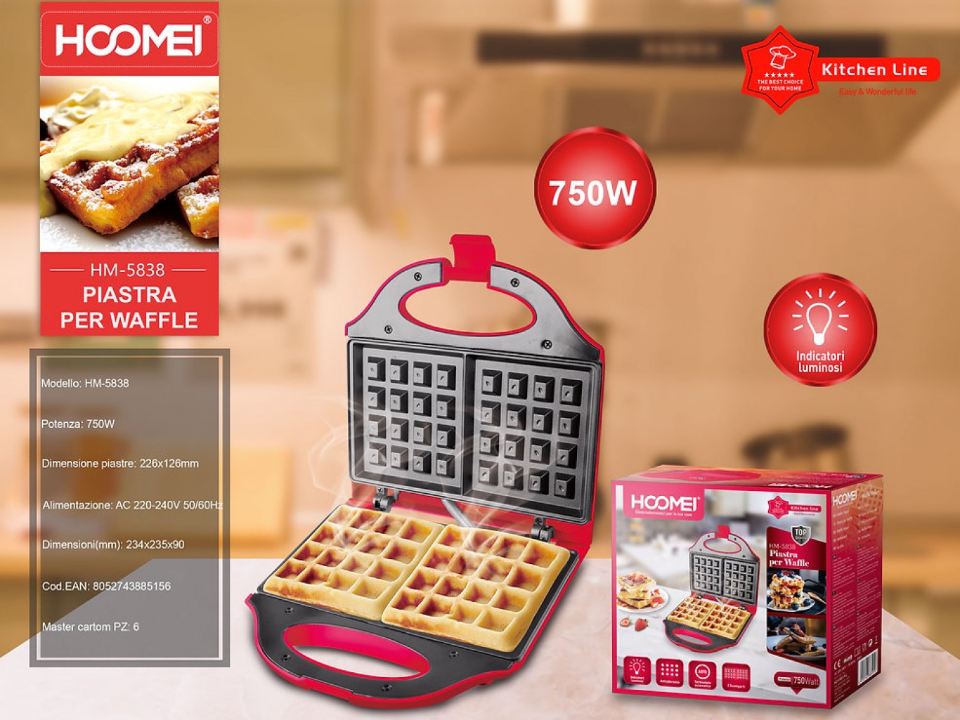 Hoomei® Βαφλιέρα 750W με Αντικολλητικές Πλάκες - Αυτόματο Έλεγχο Θερμοκρασίας & Αντιθερμική Λαβή HM-5838