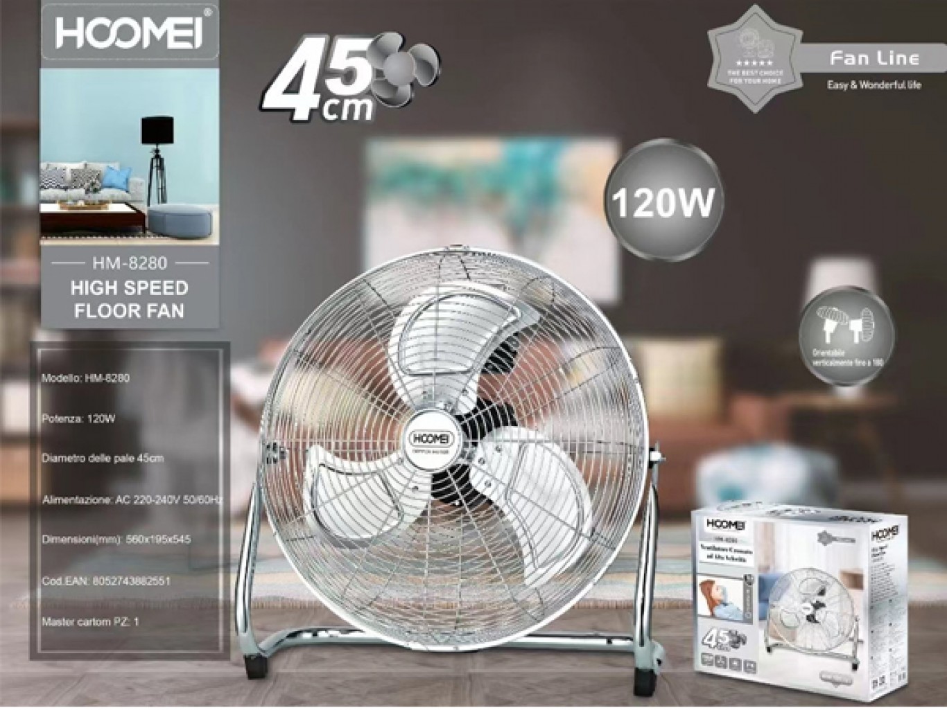 Hoomei® Επιδαπέδιος Ανεμιστήρας 120W με Διάμετρο 45cm - Άξονα Περιστροφής 180° & 3 Διαφορετικές Ταχύτητες