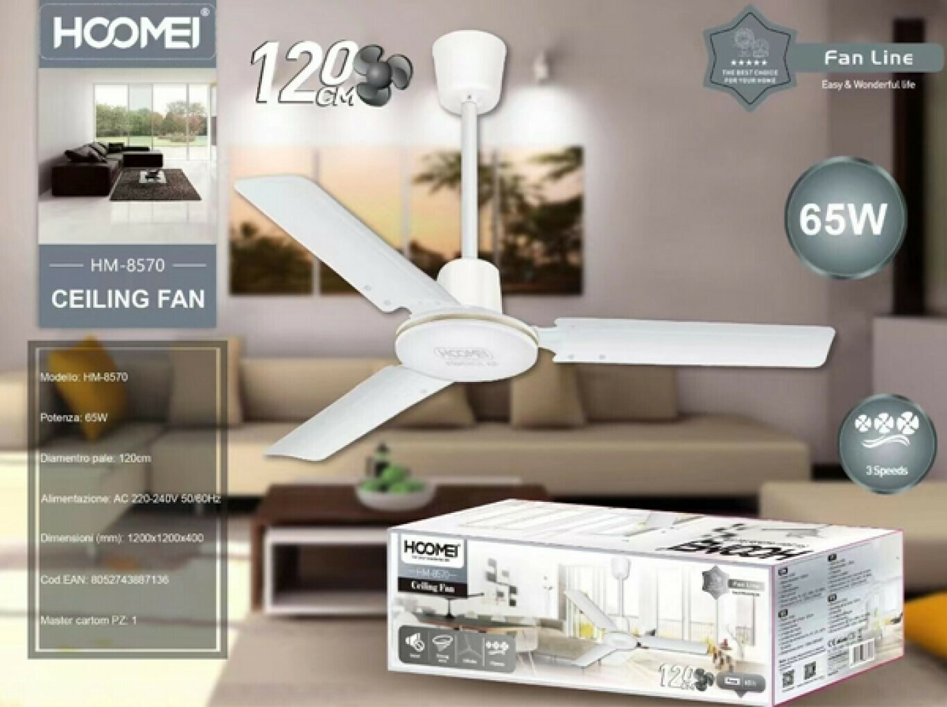 Hoomei® Ανεμιστήρας Οροφής 65W 120cm με 3 Ταχύτητες - Ασημί