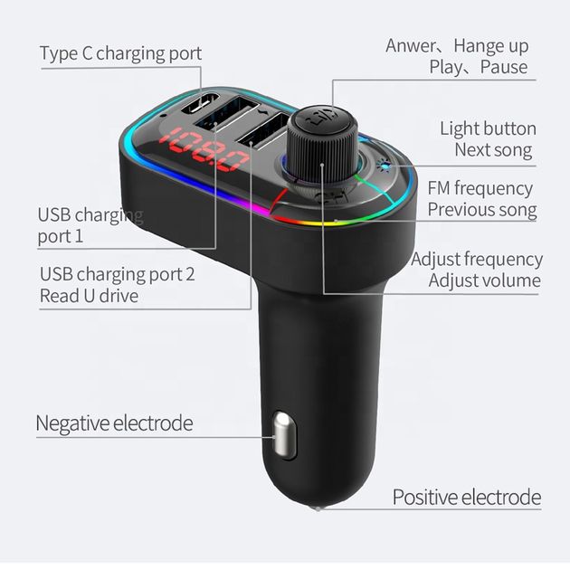 3 σε 1 Bluetooth Αναμεταδότης Αυτοκινήτου FM Transmitter, Hands-Free & Φορτιστής Αναπτήρα με RGB Φωτισμό