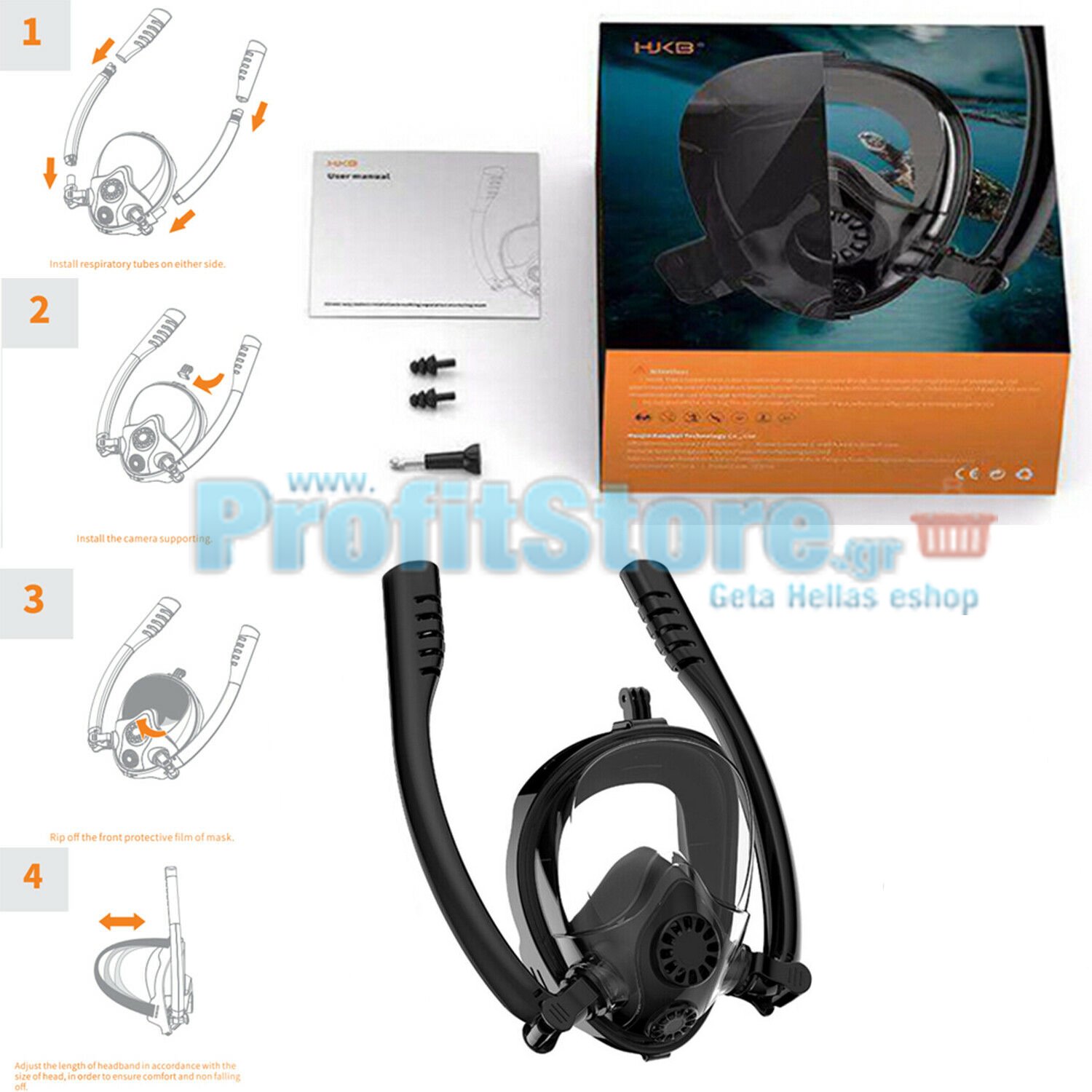 Sub Full Face Snorkel Mask HJKB K2 - Ολοπρόσωπη Μάσκα με 2 Αναπνευστήρες και Βάση για Action Camera