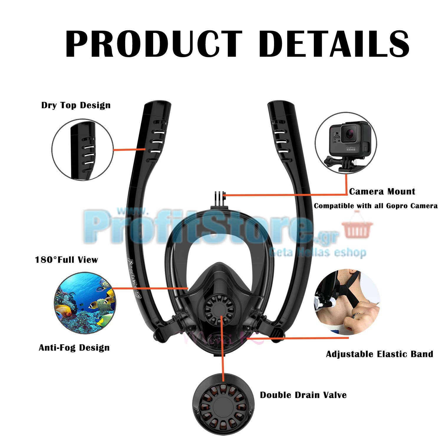 Sub Full Face Snorkel Mask HJKB K2 - Ολοπρόσωπη Μάσκα με 2 Αναπνευστήρες και Βάση για Action Camera