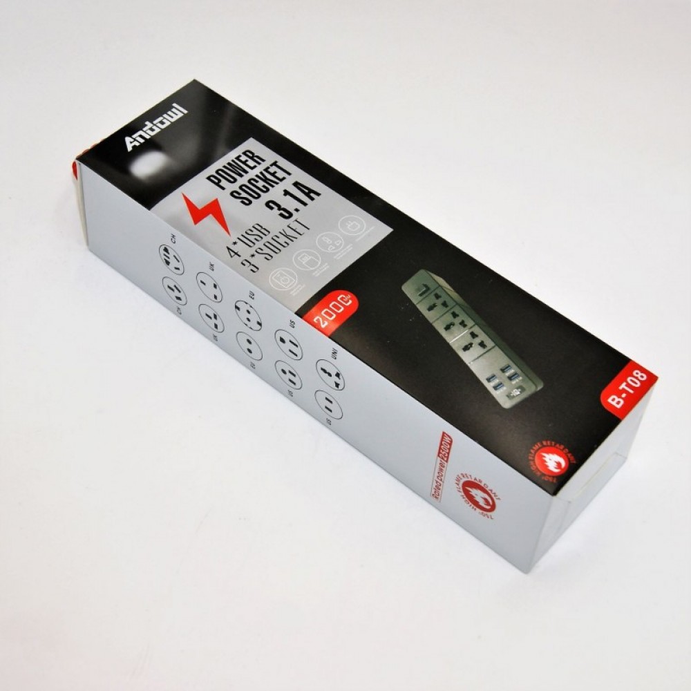 Andowl Πολύμπριζο 3.1A με 3 Θέσεις Σούκο και 4 USB B-T08