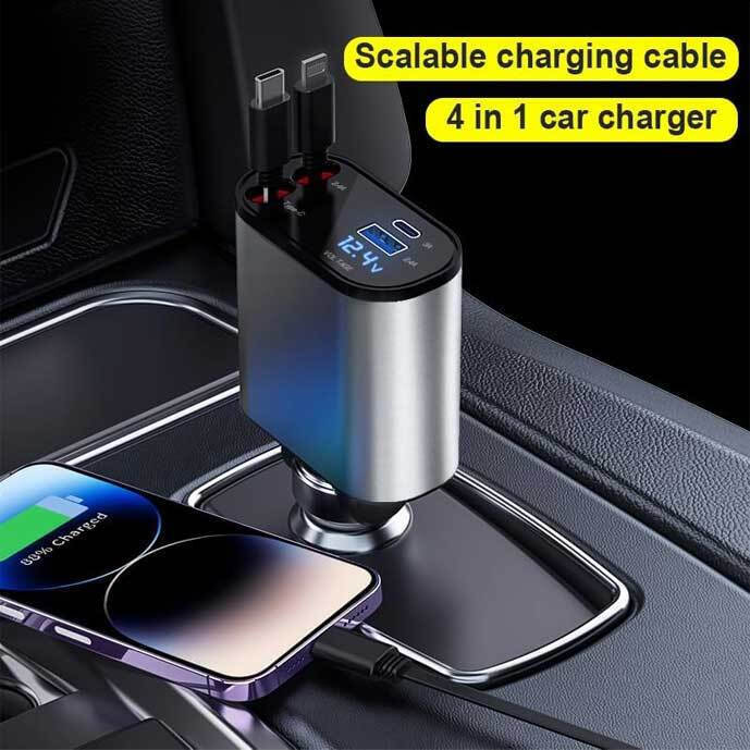 4 Σε 1 Φορτιστής Aυτοκινήτου με Θύρες USB και USB-C και Καλώδιο Φόρτισης Lightning και Type-C - 2.4A 120W 