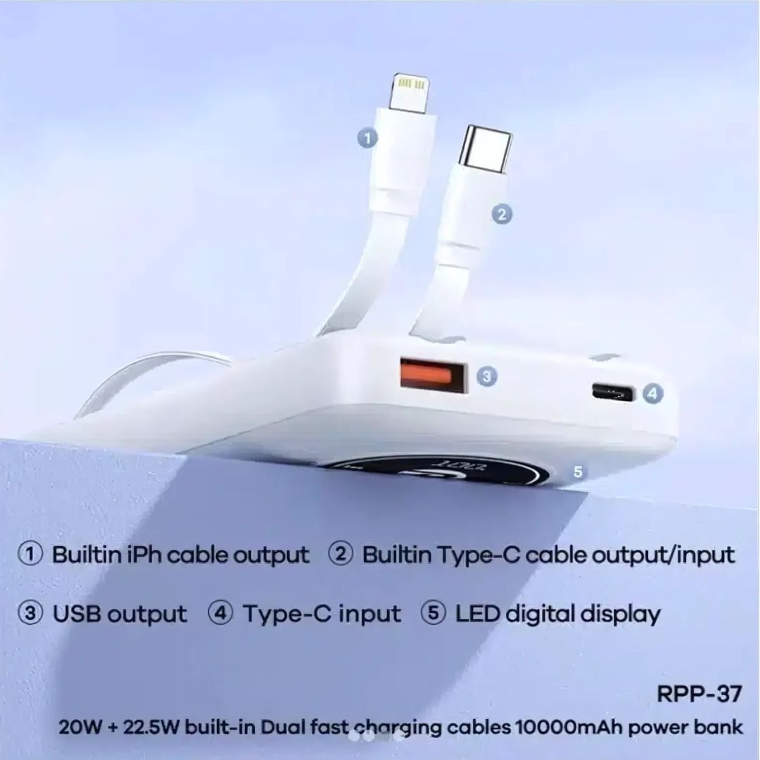 Επαναφορτιζόμενο Power Bank 10000 mAh με 2 Καλώδια Γρήγορης Φόρτισης και Θύρες USB & Type-C - Remax