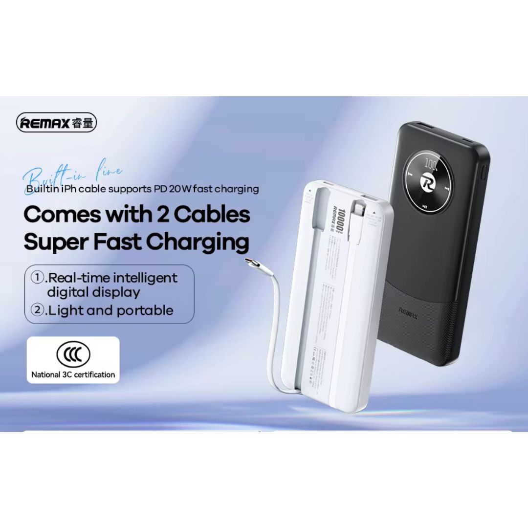 Επαναφορτιζόμενο Power Bank 10000 mAh με 2 Καλώδια Γρήγορης Φόρτισης και Θύρες USB & Type-C - Remax