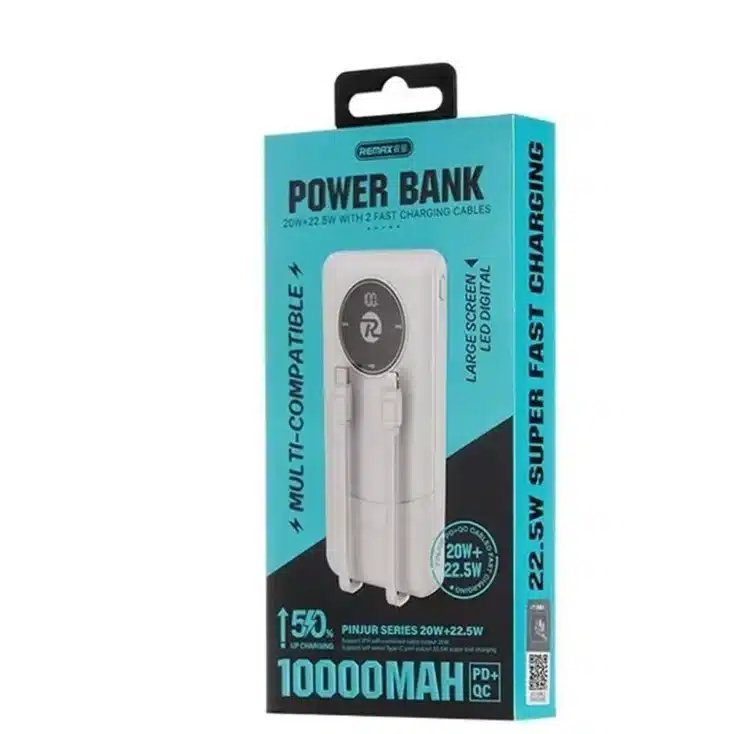 Επαναφορτιζόμενο Power Bank 10000 mAh με 2 Καλώδια Γρήγορης Φόρτισης και Θύρες USB & Type-C - Remax