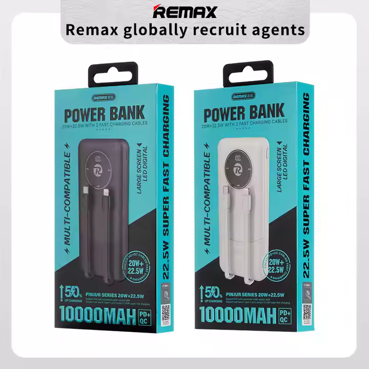 Επαναφορτιζόμενο Power Bank 10000 mAh με 2 Καλώδια Γρήγορης Φόρτισης και Θύρες USB & Type-C - Remax