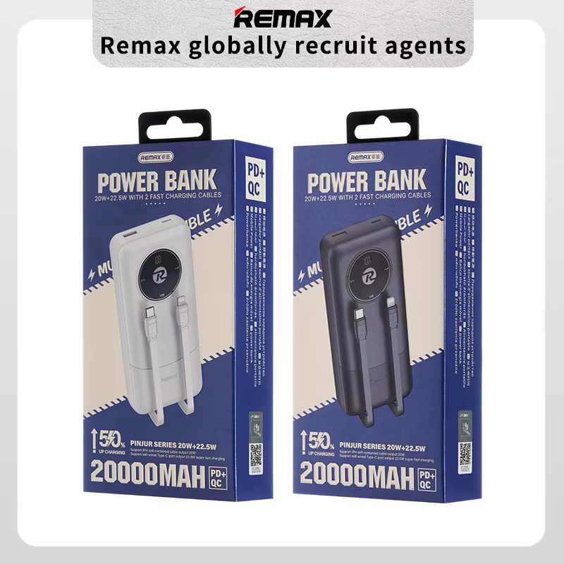 Επαναφορτιζόμενο Power Bank 20000 mAh με 2 Καλώδια Γρήγορης Φόρτισης και Θύρες USB & Type-C - Remax