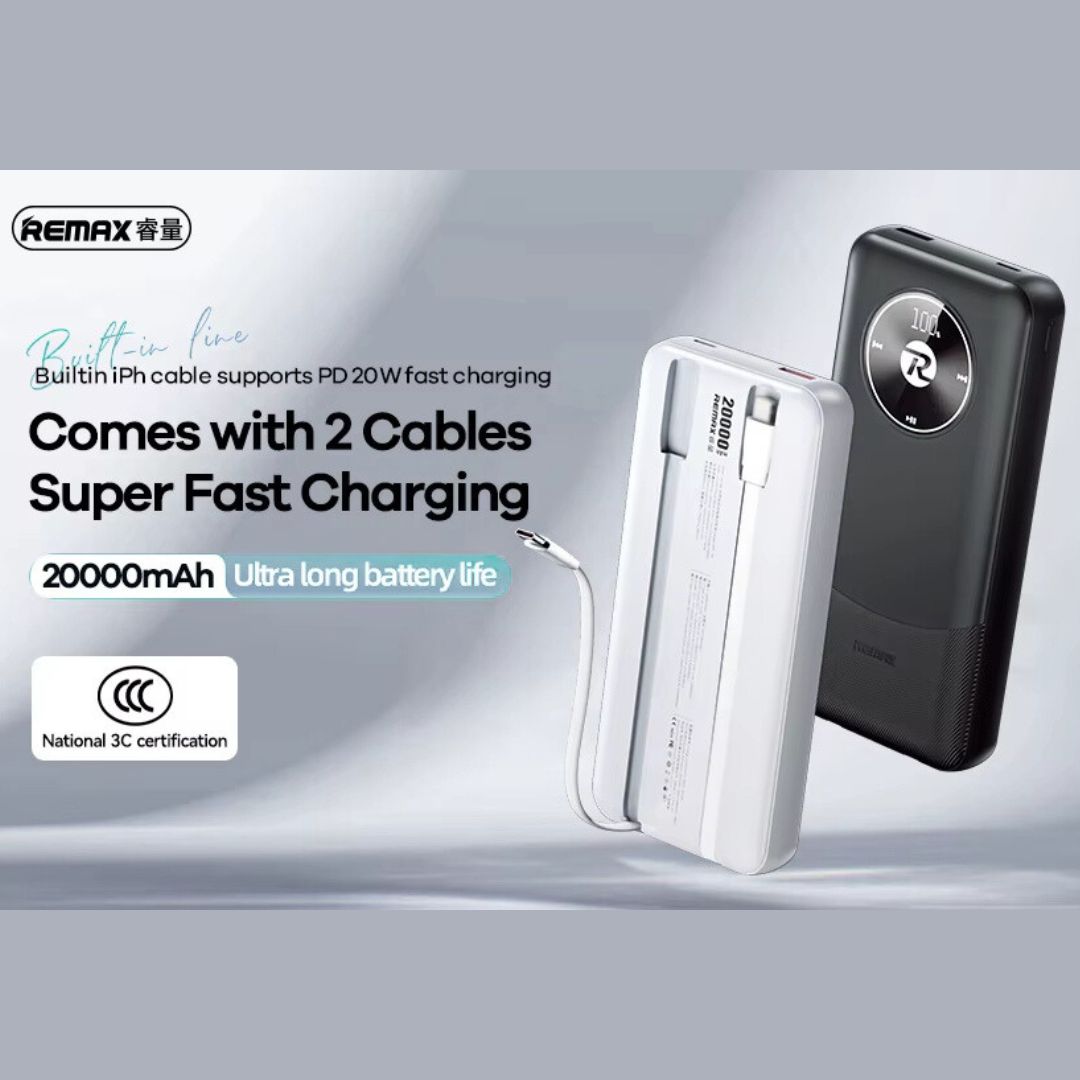 Επαναφορτιζόμενο Power Bank 20000 mAh με 2 Καλώδια Γρήγορης Φόρτισης και Θύρες USB & Type-C - Remax