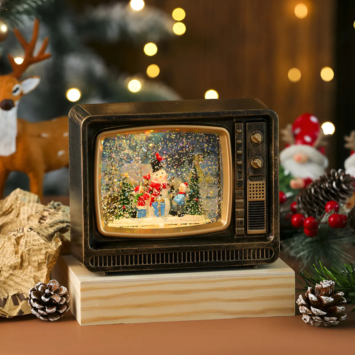 Vintage Χριστουγεννιάτικη Διακοσμητική Τηλεόραση με Εφέ Χιονιού & Φωτισμό LED 20.5 x 8.8 x 25cm