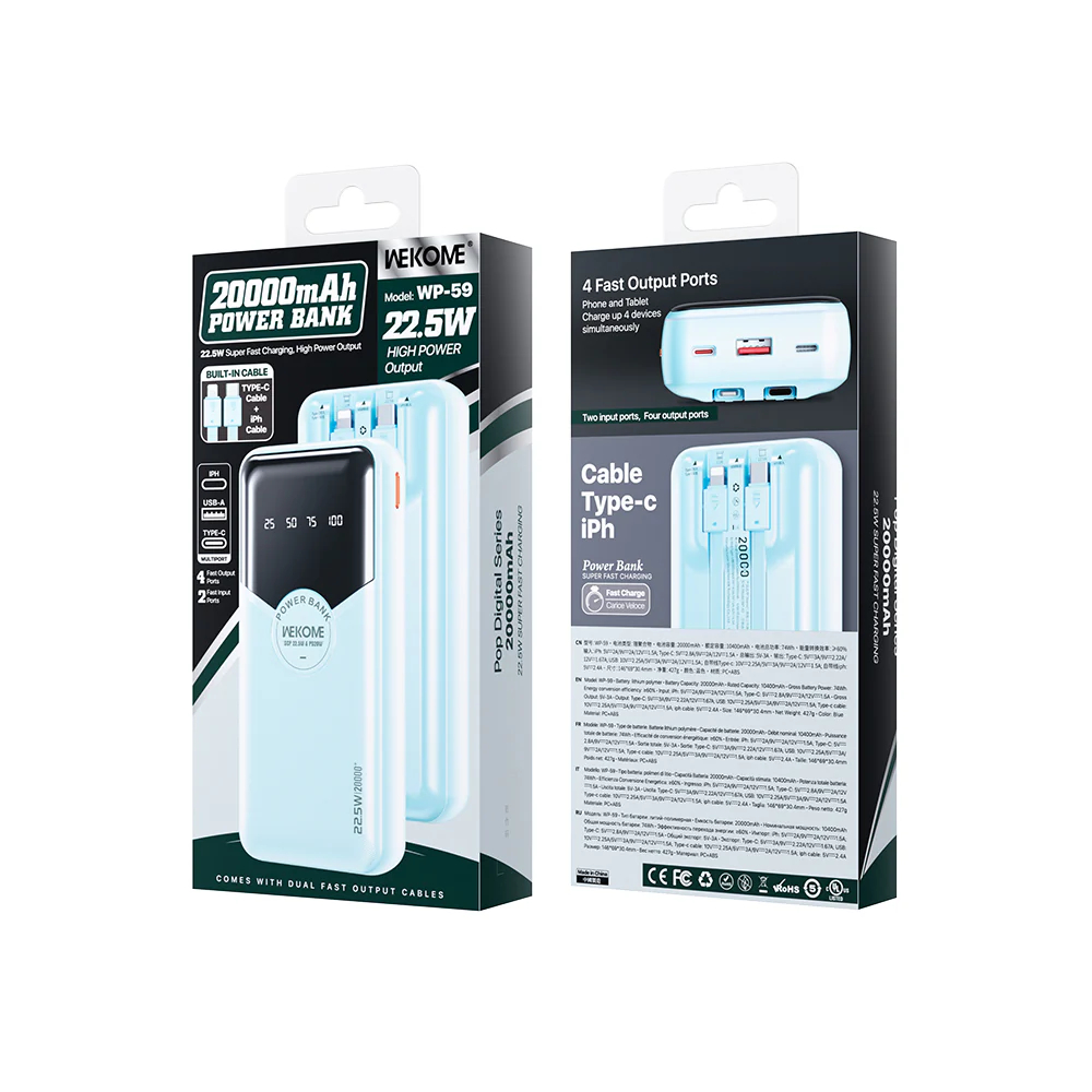 Power Bank 20000mAh 22.5W με 2 Καλώδια Γρήγορης Φόρτισης Type-C & Lightning και Θύρες USB & Type-C - Wekome Power Bank 20000mAh 22.5W με 2 Καλώδια Γρήγορης Φόρτισης Type-C & Lightning και Θύρες USB & Type-C - Wekome