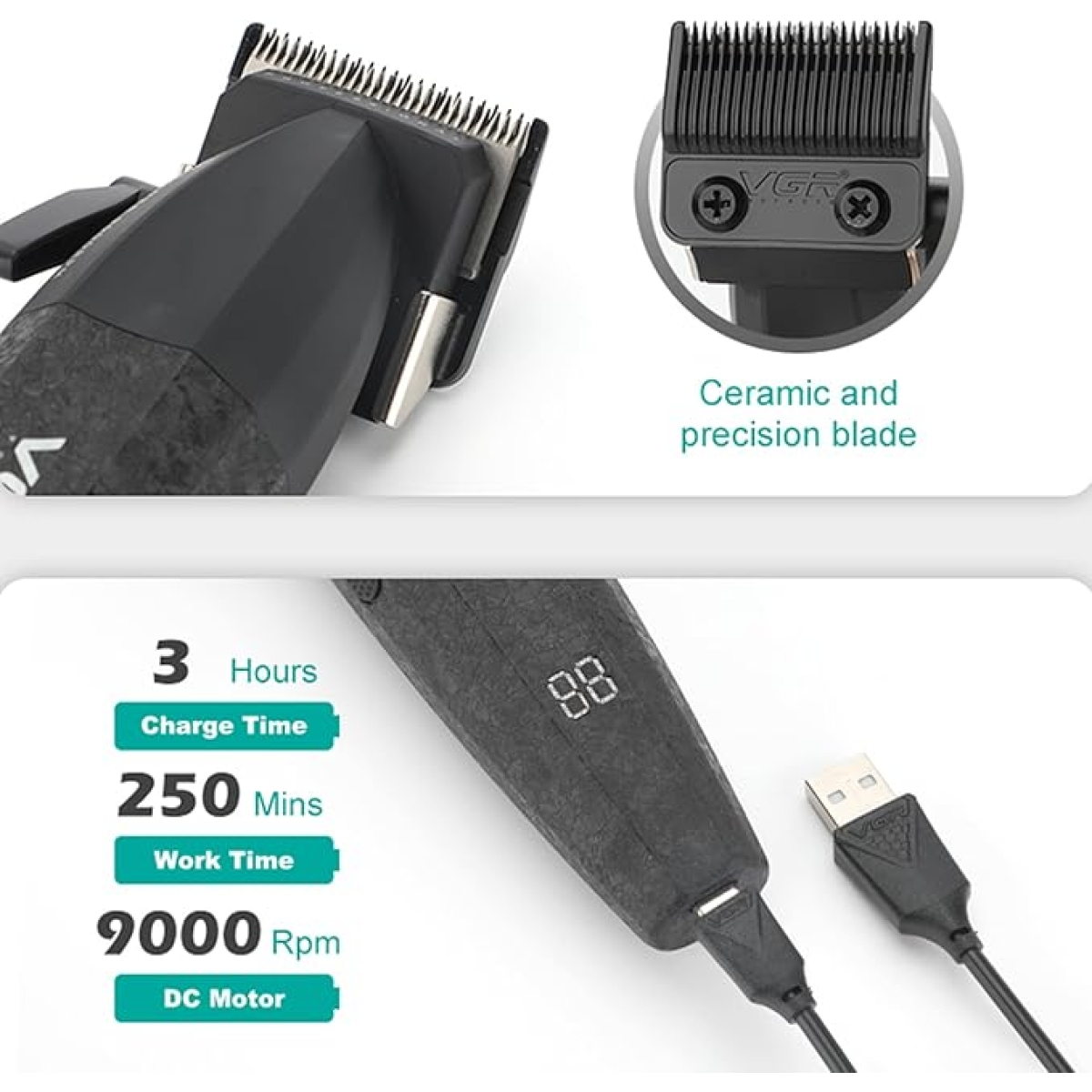 Επαγγελματικό Σετ Κουρευτικής Μηχανής & Trimmer Με Κεραμικές Λεπίδες VGR Επαγγελματικό Σετ Κουρευτικής Μηχανής & Trimmer Με Κεραμικές Λεπίδες VGR