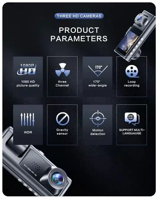 Καταγραφικό Αυτοκινήτου WIFI 3 Καναλιών με Οθόνη 2″ 1080p, Νυχτερινή Όραση και G-sensor Καταγραφικό Αυτοκινήτου WIFI 3 Καναλιών με Οθόνη 2″ 1080p, Νυχτερινή Όραση και G-sensor