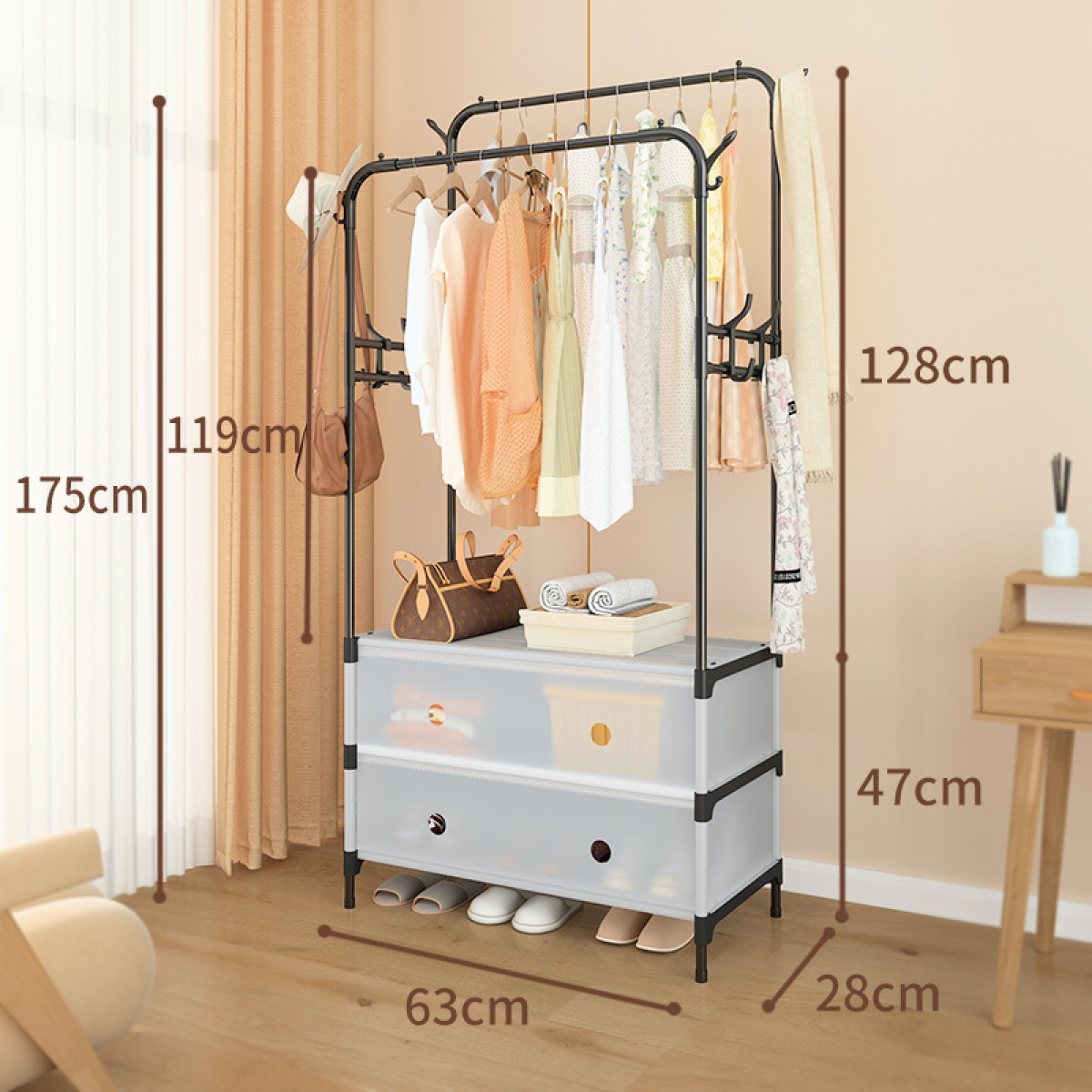 Μεταλλική Κρεμάστρα Δαπέδου με Διπλή Ράγα & Ράφια Αποθήκευσης 83x28x175cm Μαύρη Μεταλλική Κρεμάστρα Δαπέδου με Διπλή Ράγα & Ράφια Αποθήκευσης 83x28x175cm Μαύρη