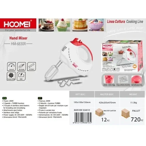 Μίξερ Χειρός 250W 5 Ταχυτήτων Hoomei Κόκκινο Μίξερ Χειρός 250W 5 Ταχυτήτων Hoomei Κόκκινο